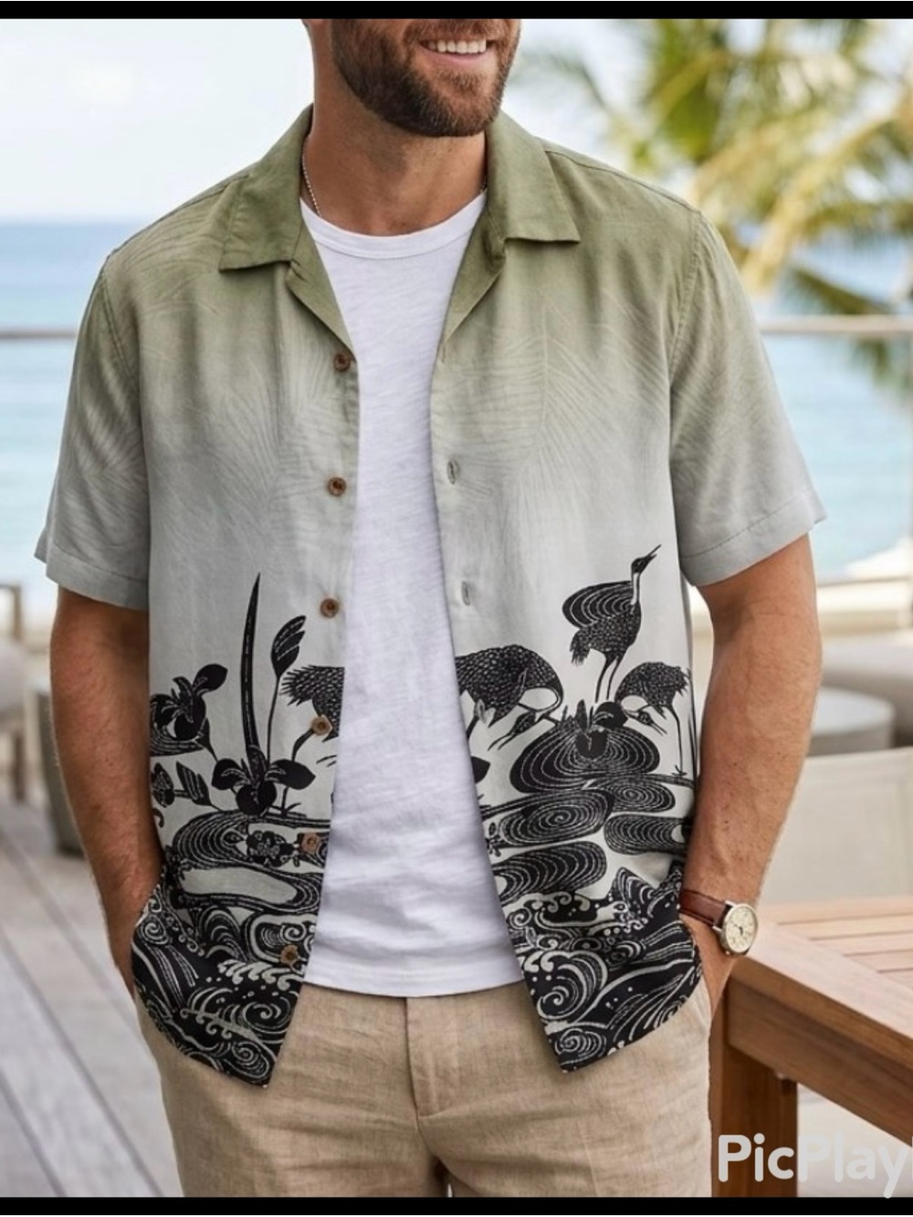Tommy Bahama 100% Silk Crane Wave Resort Camp Shirt Ombre Gray Olive - Size M